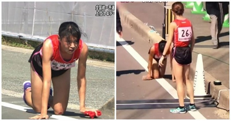 Японка доползла до финиша со сломанной ногой